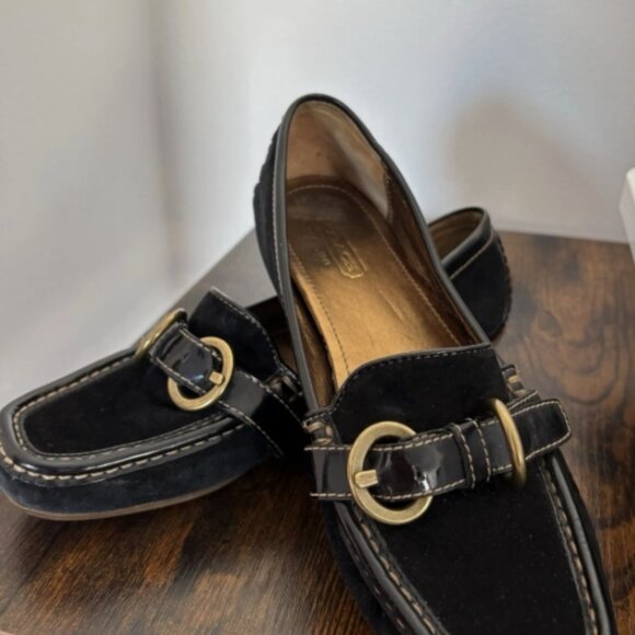 Coach Black Leather Loafer Flats Buckle Accent Slip-On Square Toe - Picture 2 of 5